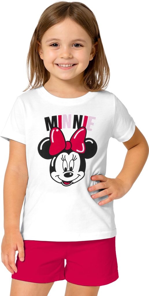 Disney Minnie Mouse Schlafanzug für Mädchen Kinder Pyjama Set Kurzarm Oberteil mit Hose Weiß/Pink 122-128