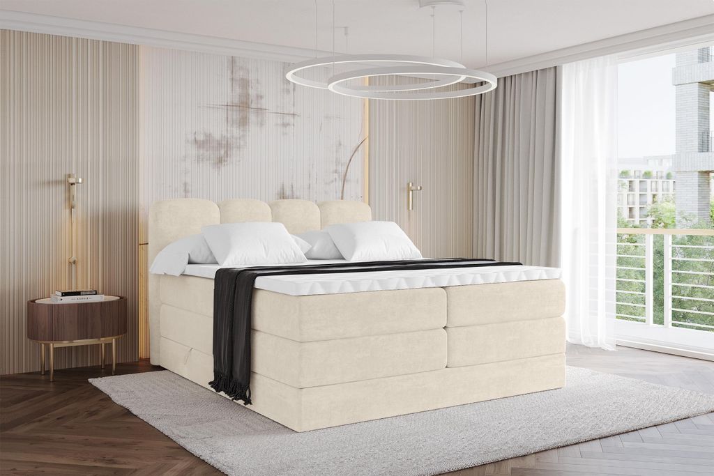 ALTDECOR Boxspringbett - H3/H4 Matratze und Topper - NINA KING - 140x200 - Beige - Doppelbett, Boxbett, Polsterbett mit Bettkasten mit Stauraum und...