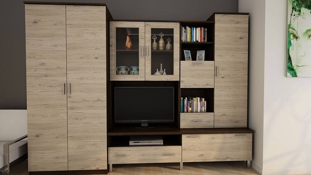 Wohnwand KUBA in Dunkel Nussbaum und Bordeaux Eiche - 270x207x53 cm