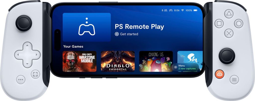 A mobile gaming controller attached to a smartphone displaying the PS Remote Play app.