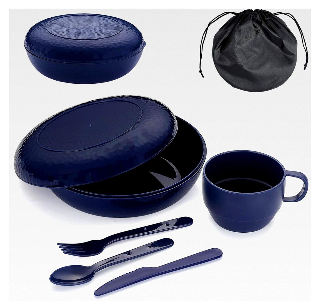 Campingbesteckset mit Teller, Tasse, Löffel, Gabel, Messer und Tragetasche, Mehrweg Campingzubehör