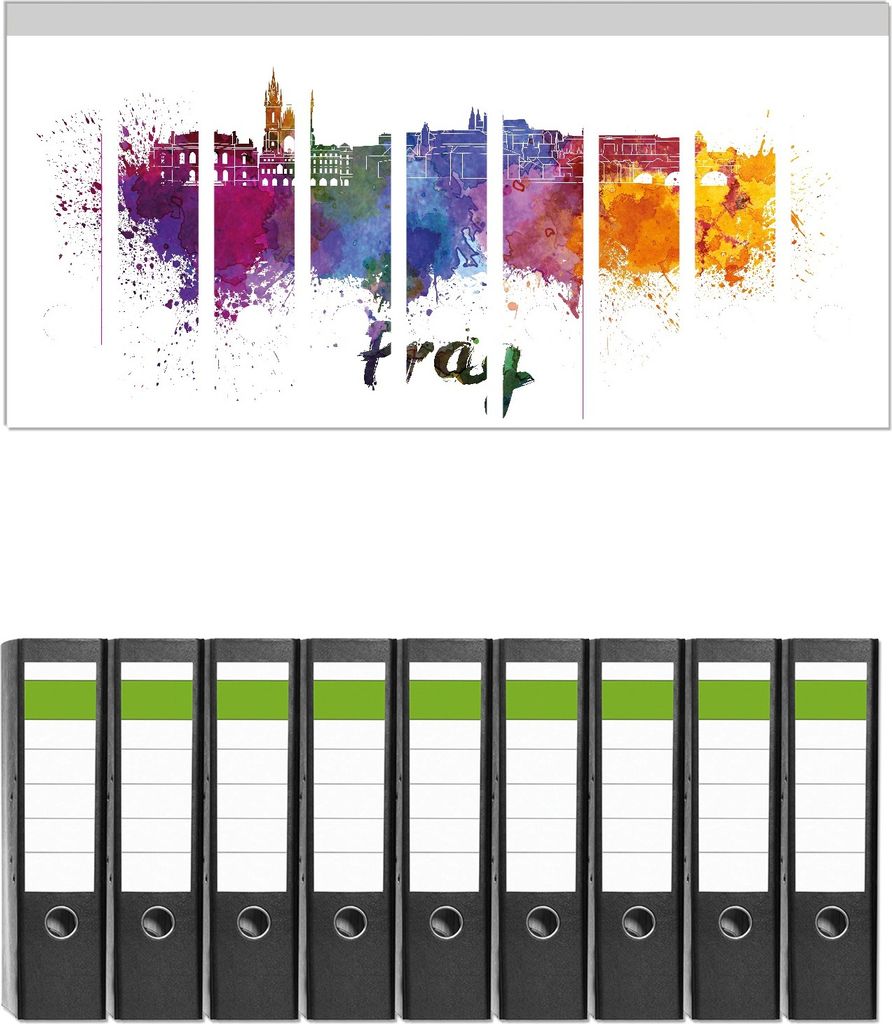 Wallario 9 Stück breite Ordner inkl. Klebeetiketten mit Motive Städte als Aquarell - Skyline von Prag - Set mit Rückenschildern / Ordnerrücken ...