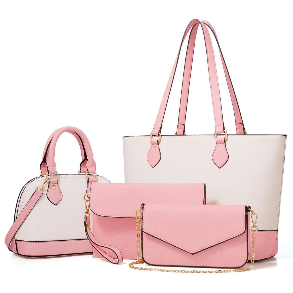 MODFU 4 tlg Umhängetasche Schultertasche mit Reißverschlüsse Shopper Tasche ,Handtasche Groß Schultertasche Kunstleder, Rosa+Weiß