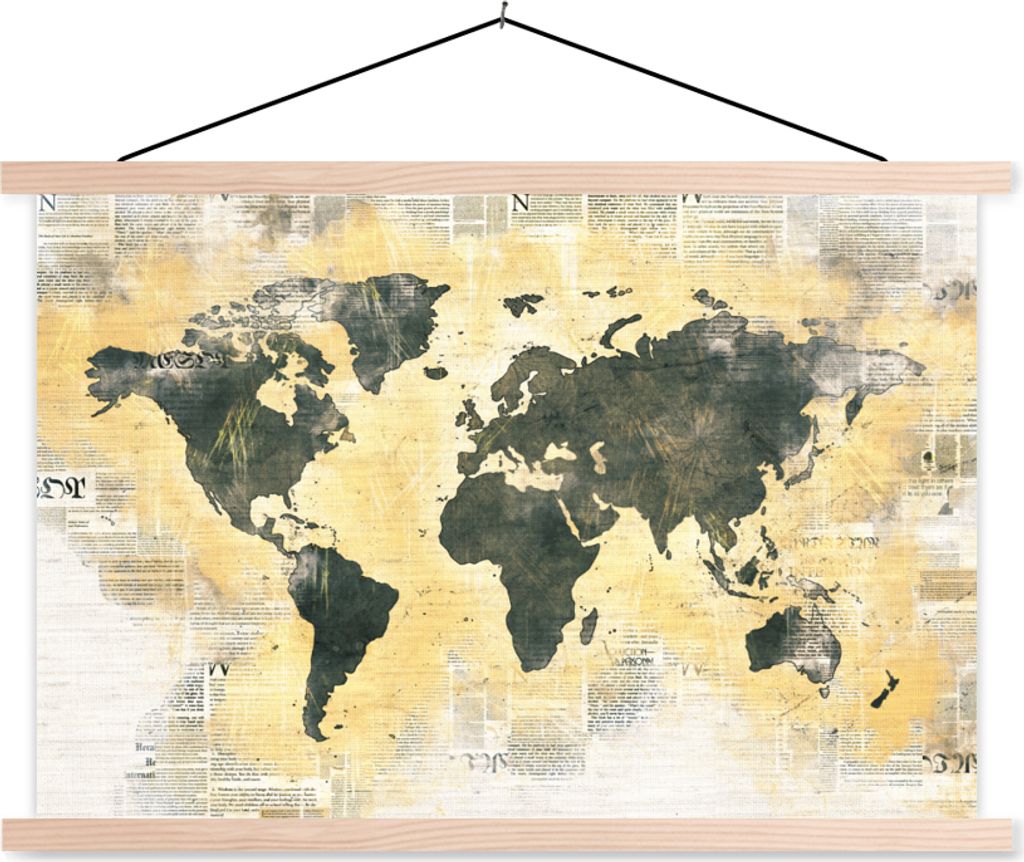 MuchoWow Textilposter Weltkarte - Zeitung - Gold 120x80 cm mit holzfarbenen Rahmen - Aufhängeset