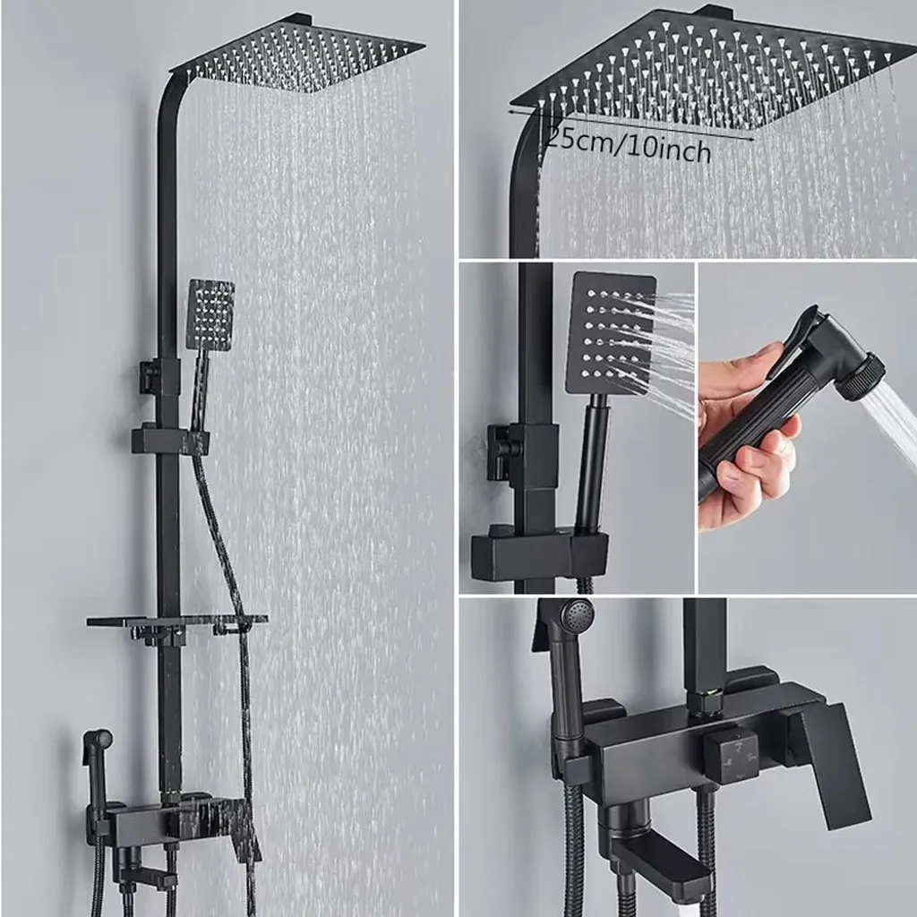 Colonne de douche noire avec bec de baignoire et tête de pluie de 25 cm