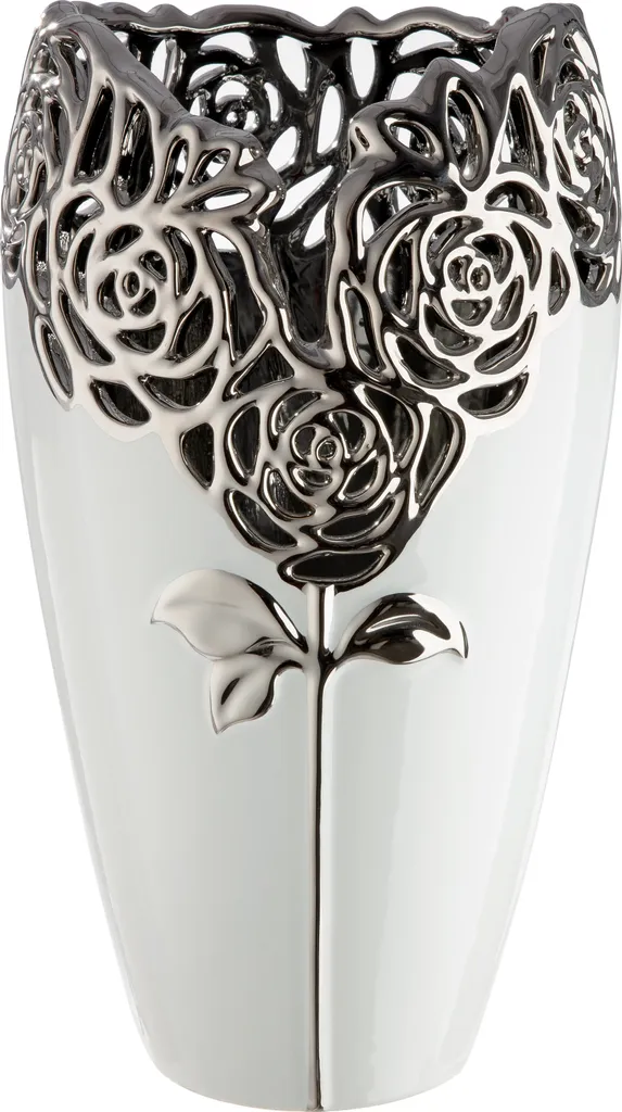 Vase en céramique blanc élégant avec motif de roses en relief 32cm