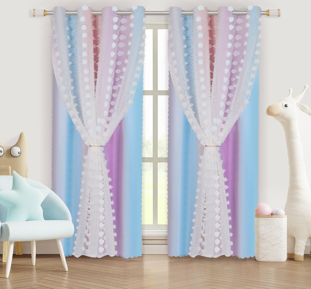 2 Stück Fertiggardinen 132x213cm Kindervorhang Ösen Gardinen mit PomPom Doppelschichtige Kinderzimmer Vorhänge,Baby Gardinen,Lila-Blau