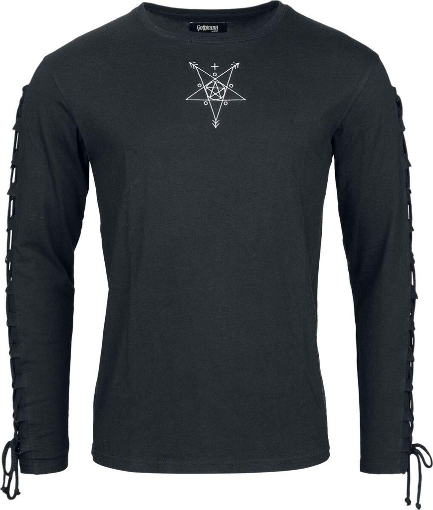 Gothicana by EMP Herren schwarzes Langarmshirt mit Front-/Backprint und offenen Ärmeln mit Schnürung XXL