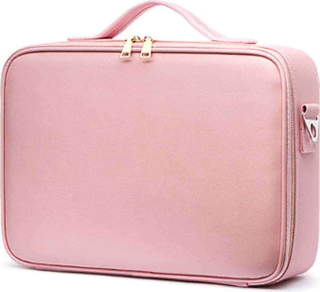 Kosmetik-Aufbewahrungstasche aus Kunstleder mit großer Kapazität, wasserdicht, verstellbare Trennwand, Make-up-Koffer für unterwegs, Pink
