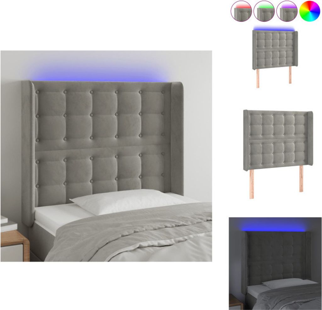 vidaXL LED Kopfteil Hellgrau 93x16x118/128 cm Samt - Kopf- & Fußenden