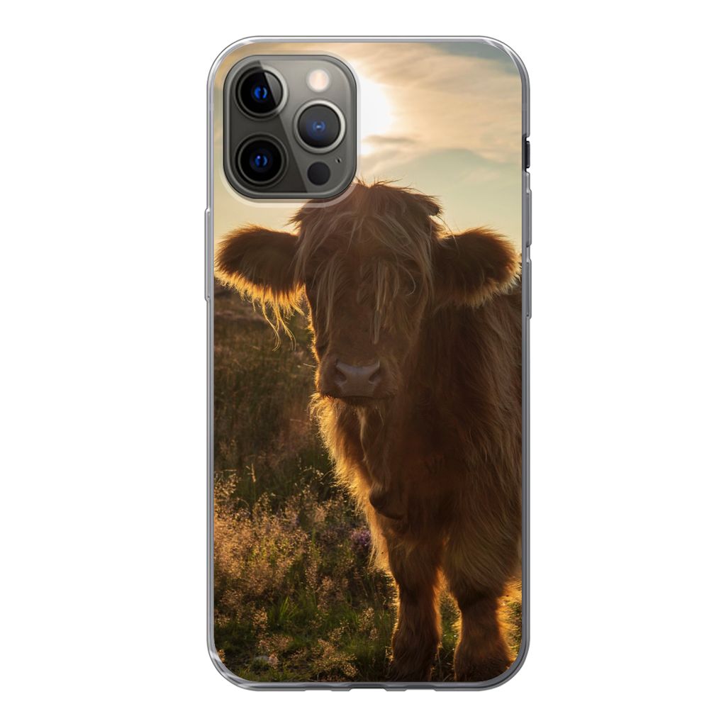 MuchoWow Handyhülle Schutzhülle Hülle für iPhone 13 Pro Schottischer Highlander - Sonnenuntergang - Gras Silikon Softcase Handy Hülle - Hand...