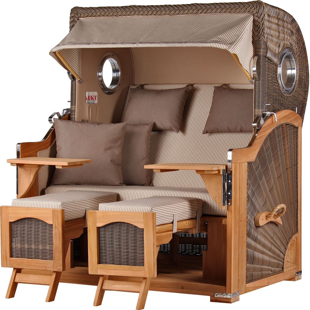 Strandkorb - bene living - Ammersee Grande XL Teak Bullauge - PE grau - Modell 510 - 2,5-Sitzer inkl. Liftersystem