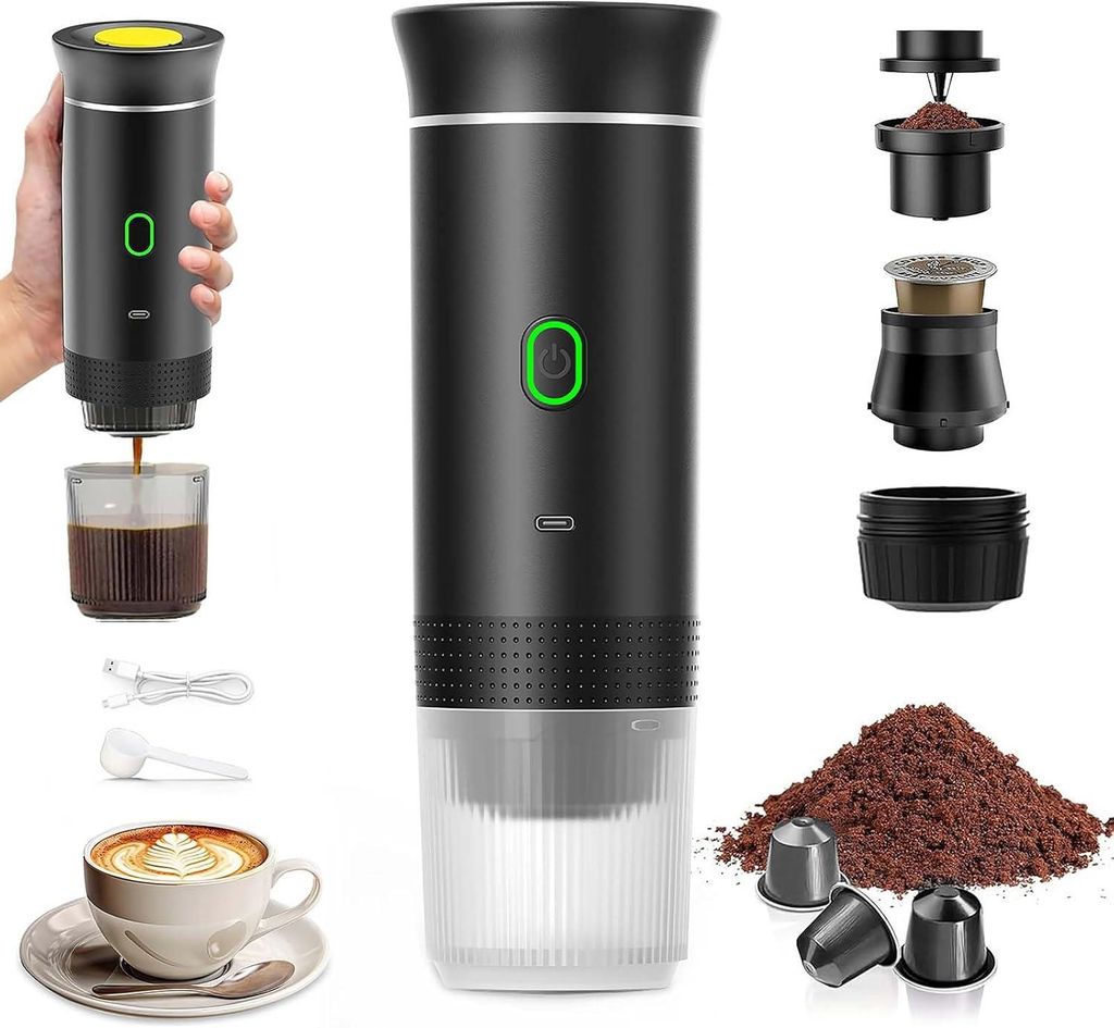 Tragbare Reise-Kaffeemaschine, Schnellheizende 3-in-1-Kaffeemaschine 12V, 4-6 Minuten automatische Aufheizzeit, Große Kapseln, Gemahlener Kaffee, ...