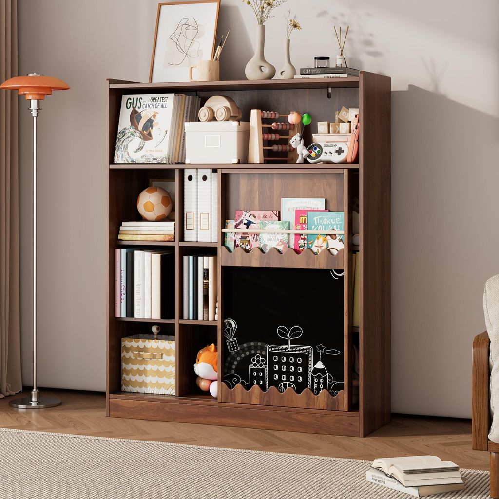 okwish Bücherregal Standregal mit Maltafel und offenen Schiebetüren,Aufbewahrungsregal mit geräumigem Stauraum aus verdickten Platten,Walnussfarbe