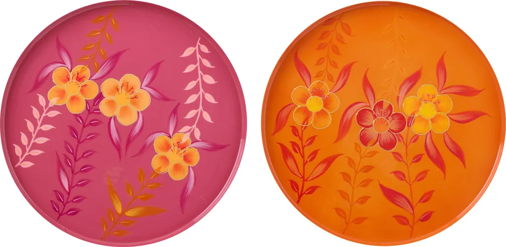 Plateau Métallique Fleurs Rose Orange J-Line : Duo Décoratif Artisanat