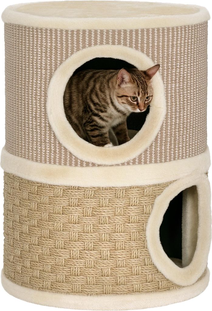 PawHut Kratztonne für Katzen 49 cm Hoch Ø 35,5 cm Katzentonne mit 2 Etagen Sisalseil, Plüsch Katzenhöhle, Kratzbaum für große Katzen, Khaki+K...