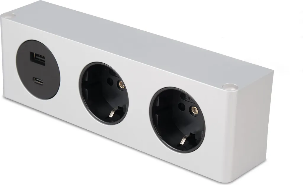 Solution gain de place : bloc 2 prises et double USB A/C argenté pour bureau