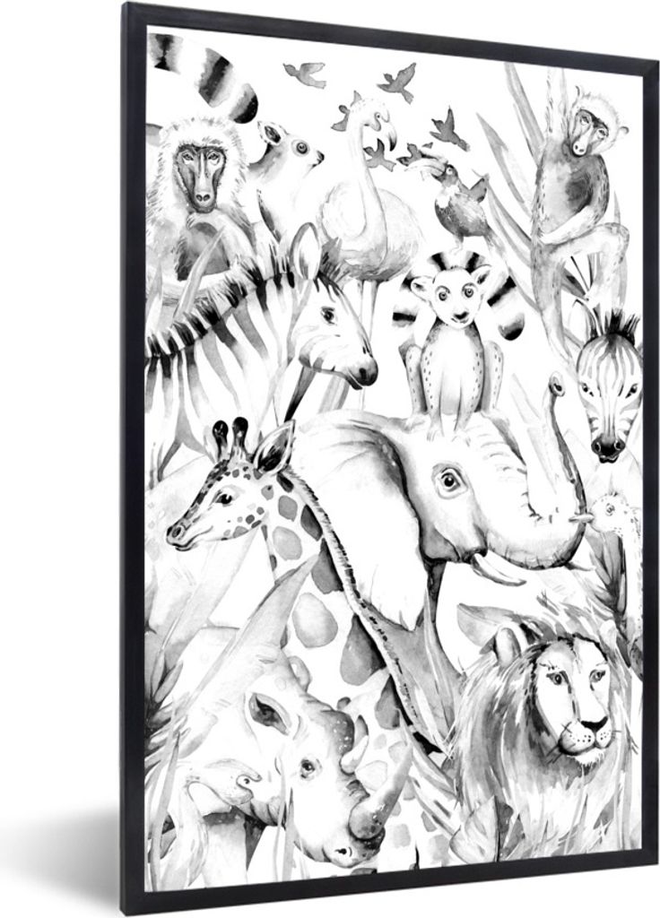 MuchoWow Gerahmtes Poster Aquarelle - Tiere - Dschungel - Pastell - Jungen - Mädchen - Kinder - Kinder 40x60 cm - Poster mit Schwarzem Bilderrah...