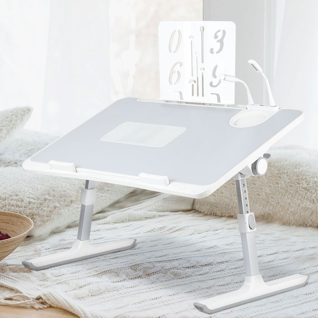 Laptoptisch,Laptop Betttisch Klappbar, Notebook Tisch mit 2 USB Ladeanschluss,Licht und Ventilator,Schlitz,Tablet-Ständer 60x40x26-39cm Grau