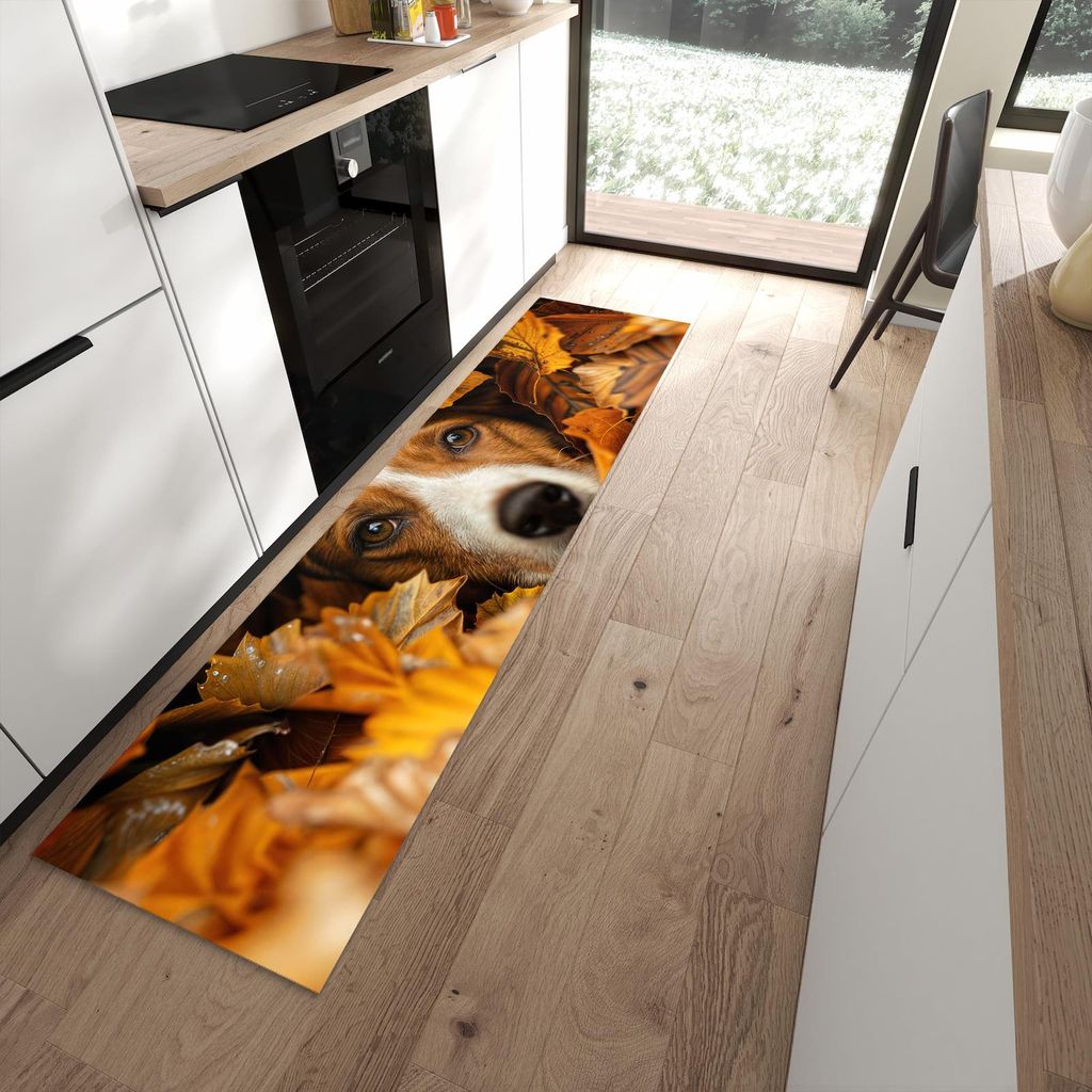 Küchenteppich 60x240cm rutschfest & abwischbar PVC Läufer - Hund im Herbstlaub