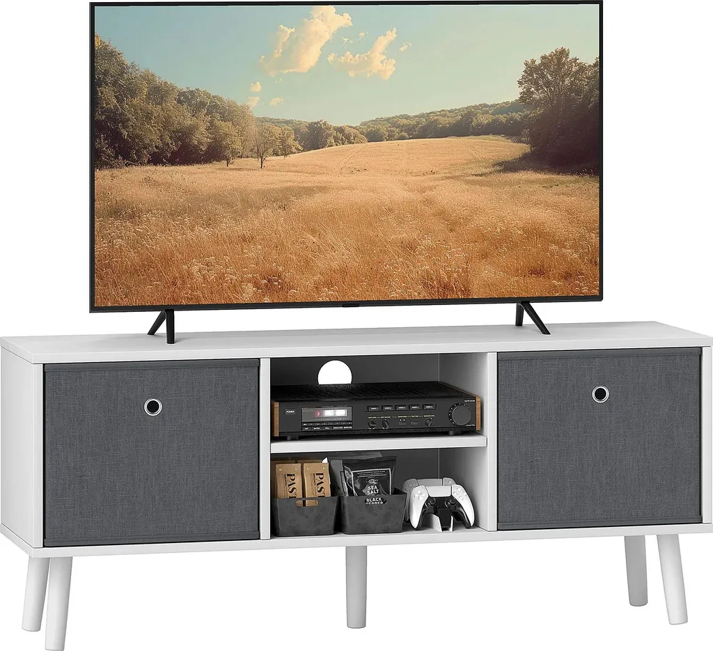 Meuble TV compact pour ranger câbles et appareils Blanc/Gris 110 cm