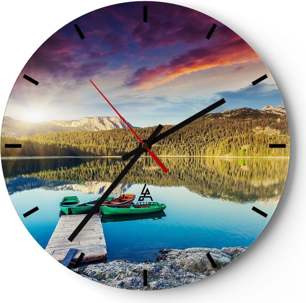 Wanduhr - Rund - Glasuhr - See Berge Wasser - 40x40cm - Schleichendes Uhrwerk - Lautlos - zum Aufhängen bereit - Dekoration Modern - Wanddekoratio...