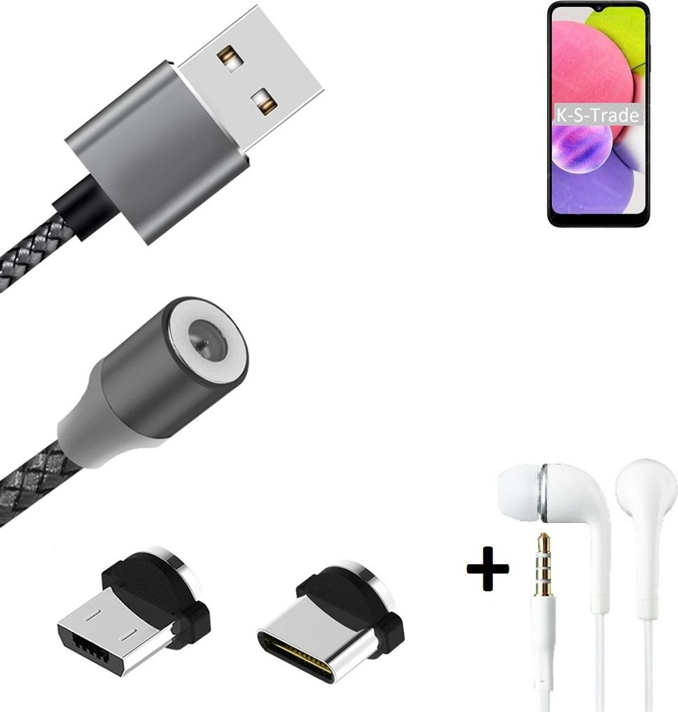 K-S-Trade Hochwertiges Magnet-Lade-kabel Sync-Kabel Daten-Kabel + Kopfhörer kompatibel mit Samsung Galaxy A03 mit USB-Typ-C-Anschluss und