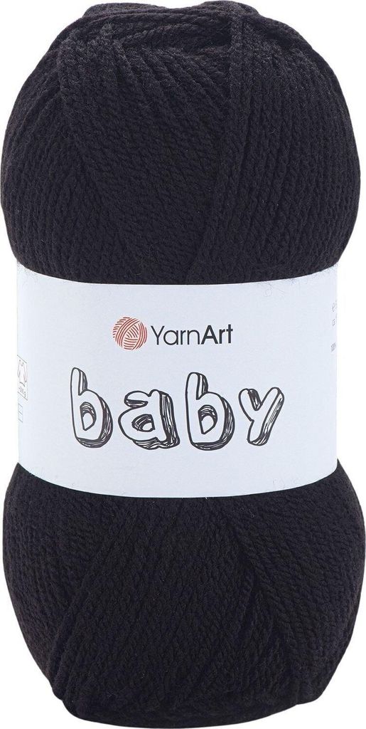 A ball of black yarn with a white label.