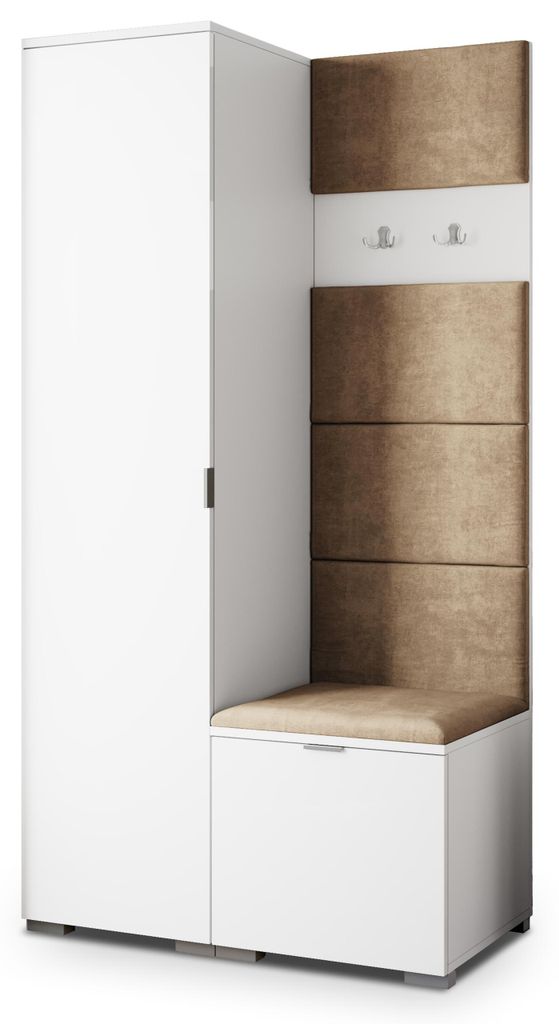 Masseno Garderobe-Set LORI 95/181/51 cm Modern Garderobenschrank Weiß, Veloursstoff MONOLITH 09 (Beige)