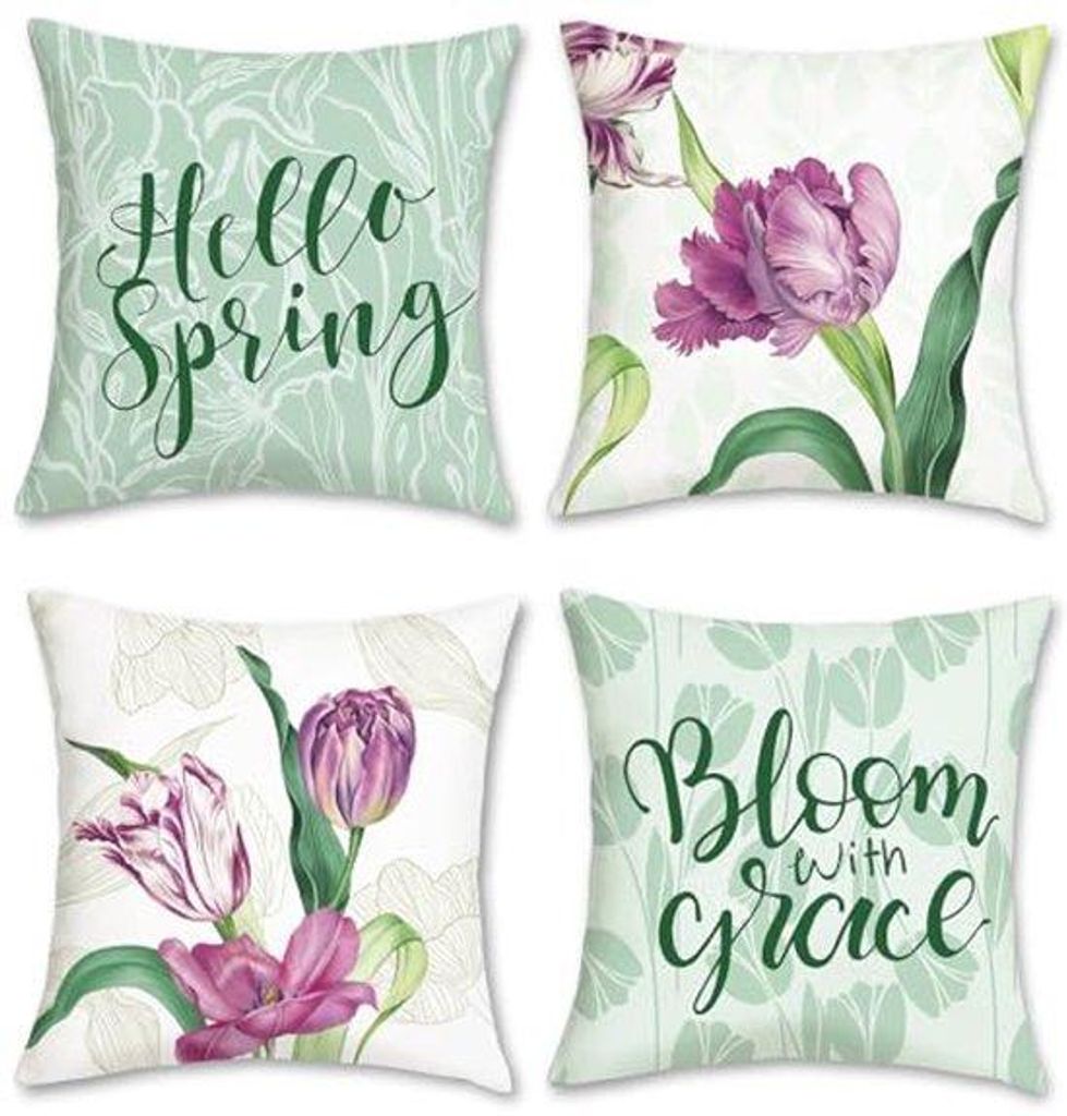 Ultiluxe Kissenhoezen - 4 Stk - Fluwelen Sierkussenslopen - Tulpen Blütenprint 45 x 45 cm - Grün/Beige