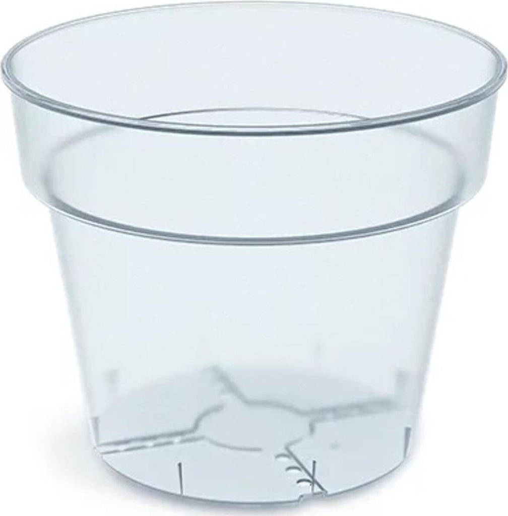 A clear, empty plastic plant pot is shown against a white background.