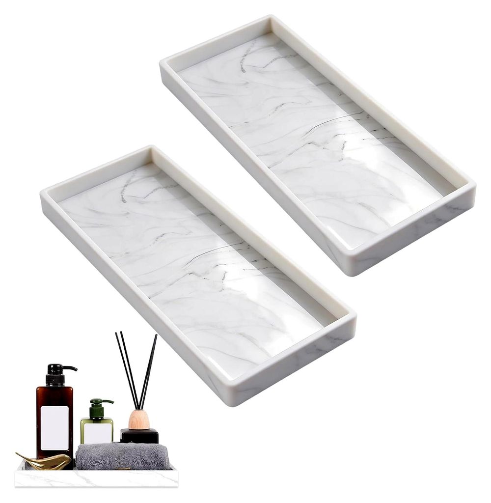 2 Stück Badezimmer Tablett aus Silikon, kleines Marmortablett für Seife, Küchenspüle, Badezimmer (weißer Marmor)
