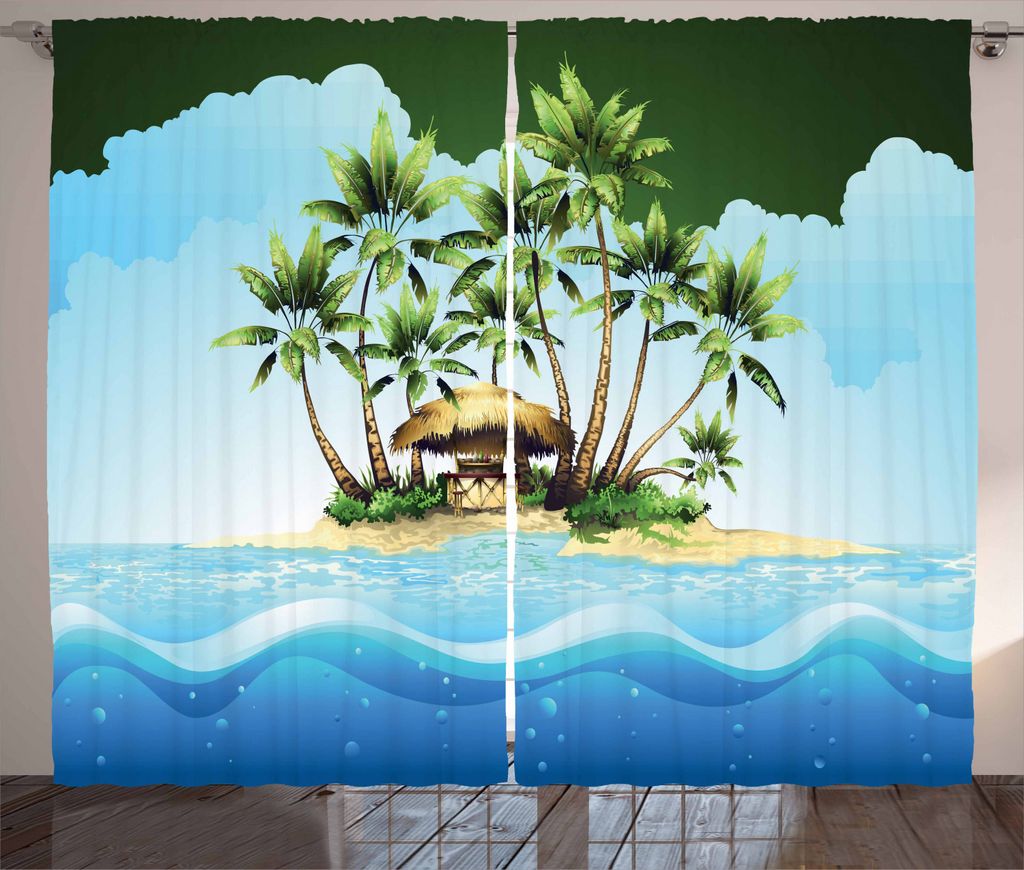 ABAKUHAUS Insel Rustikaler Vorhang, Tropic Lands Kokosnuss-Palmen, Wohnzimmer Universalband Gardinen mit Schlaufen und Haken, 280 x 225 cm, Pale Az...