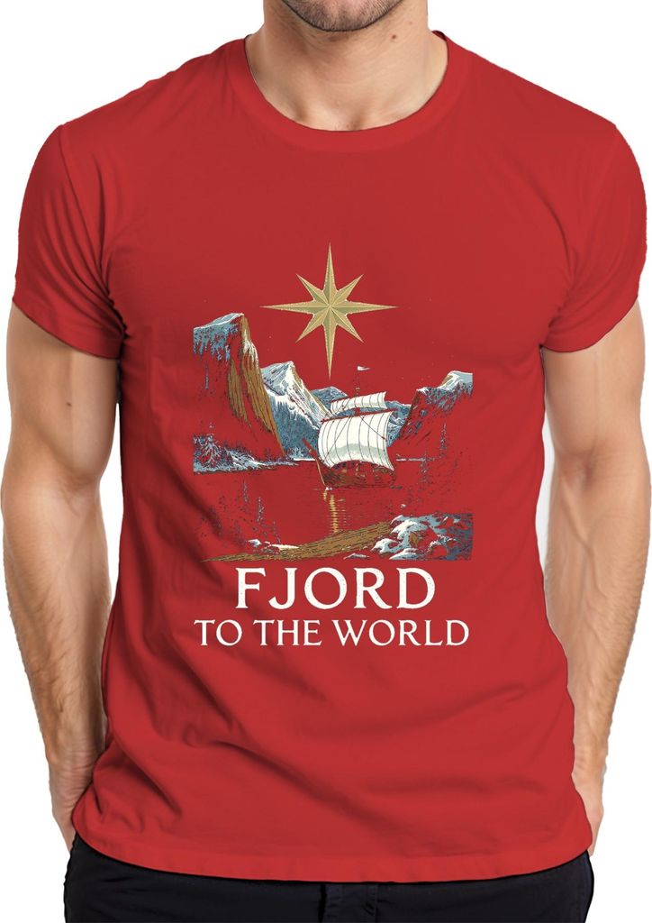 FJORD TO THE WORLD Wikingerschiff Segelschiff Nordisch Stern Herren T-Shirt, Rot, XXL