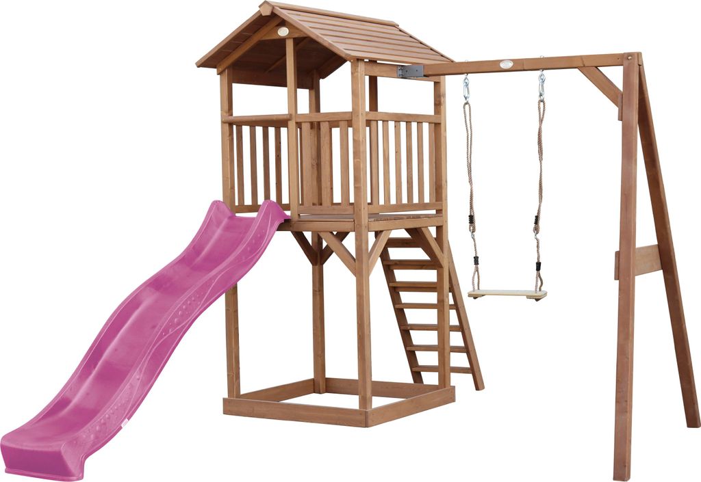 AXI Beach Tower Spielturm aus Holz in Braun | Spielhaus für Kinder mit lila Rutsche, Schaukel und Sandkasten | Stelzenhaus für den Garten