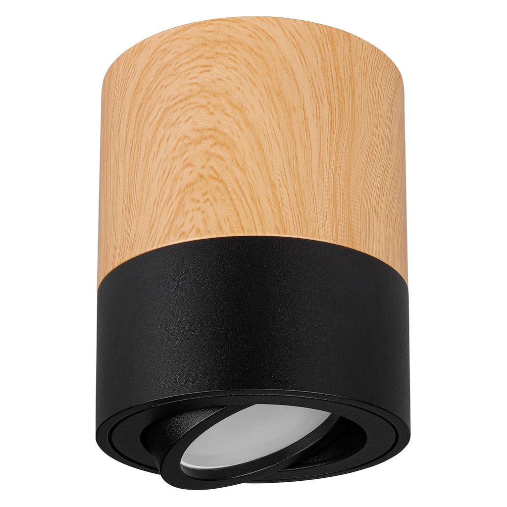 A studio shot of a black and wood-finished ceiling light.