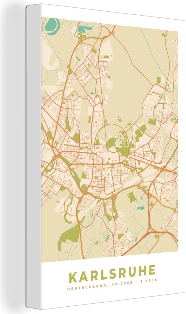 OneMillionCanvasses - Leinwandbilder - 90x140 cm, Stadtplan - Karlsruhe - Vintage - Stadtplan, Wandbilder Kunstdruck Wanddekoration - Foto auf Le...