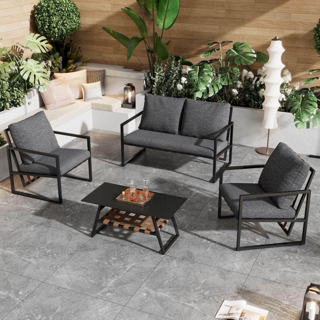 4-teiliges Gartenmöbel-Set, Terrassengarnitur mit 2-Sitzer-Sofas, 2 Sesseln und Couchtisch, abnehmbarer und waschbarer Stoffbezug, schwarz