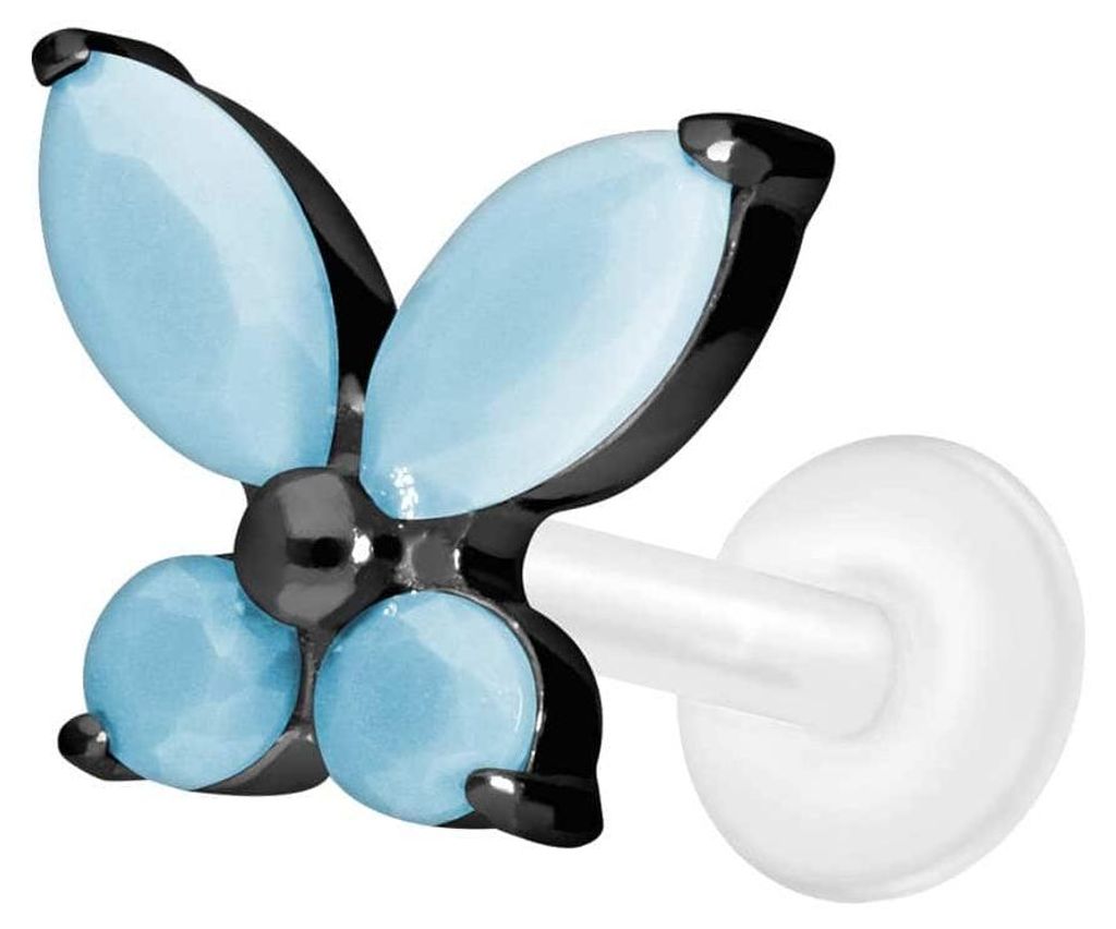 Ohrpiercing, Nasenpiercing PTFE Labret mit Innengewinde + Titan-Aufsatz SCHMETTERLING+SYNTHETISCHE TÜRKISE Schwarz Stablänge: 10mm | Stabstärke:...