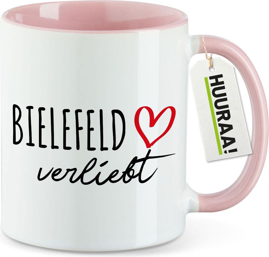 Huuraa Kaffeetasse Bielefeld verliebt 330ml Rosa Keramik Kaffeebecher Geschenkidee