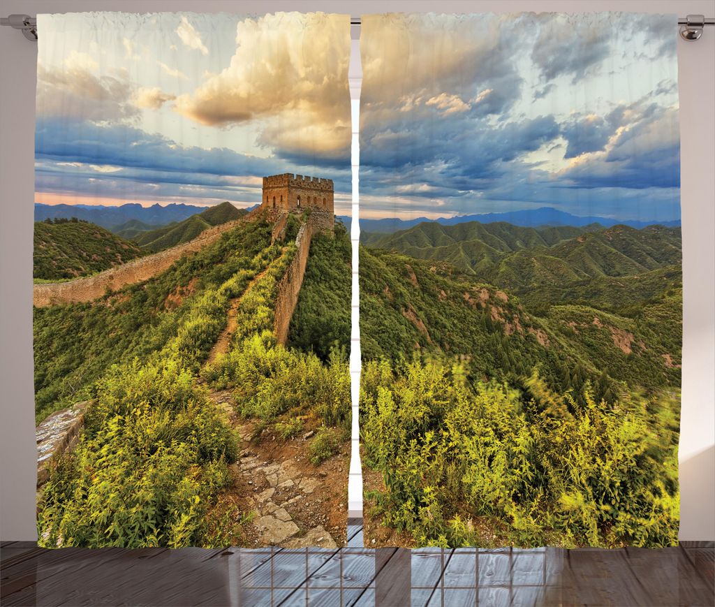 ABAKUHAUS asiatisch Rustikaler Gardine, Wunder der Welt, Schlafzimmer Kräuselband Vorhang mit Schlaufen und Haken, 280 x 175 cm, Grün blau