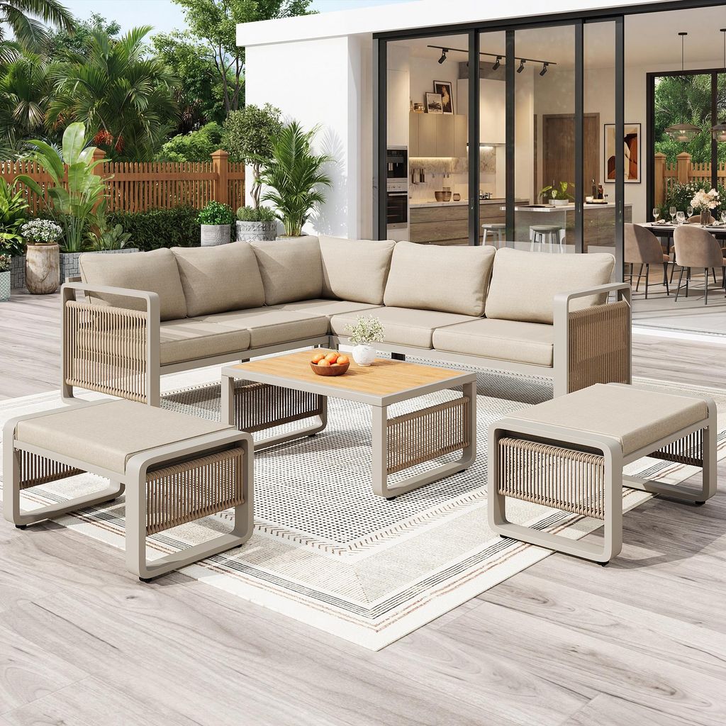 MODFU Garten Loungesessel Set Ecksofa mit weichen Sitz- und Rückenpolstern Outdoor-Loungesofa mit verstellbare Füße Möbelset für 6-7 Personen ...