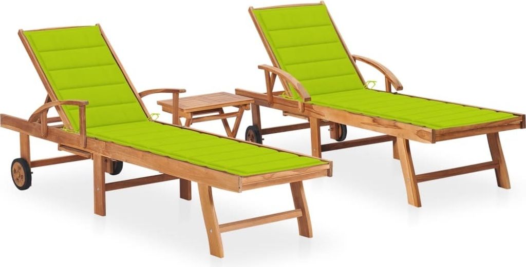 Sonnenliegen 2 Stk. mit Tisch und Auflagen Massivholz Teak