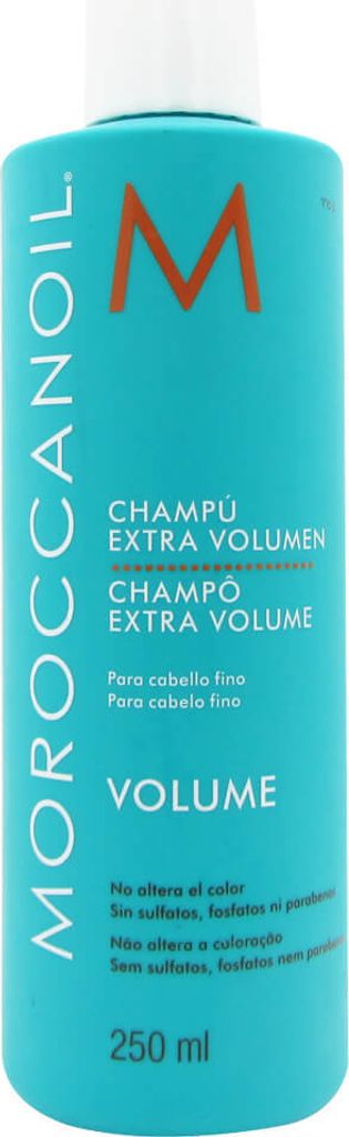 A teal bottle of Moroccanoil shampoo with orange branding.