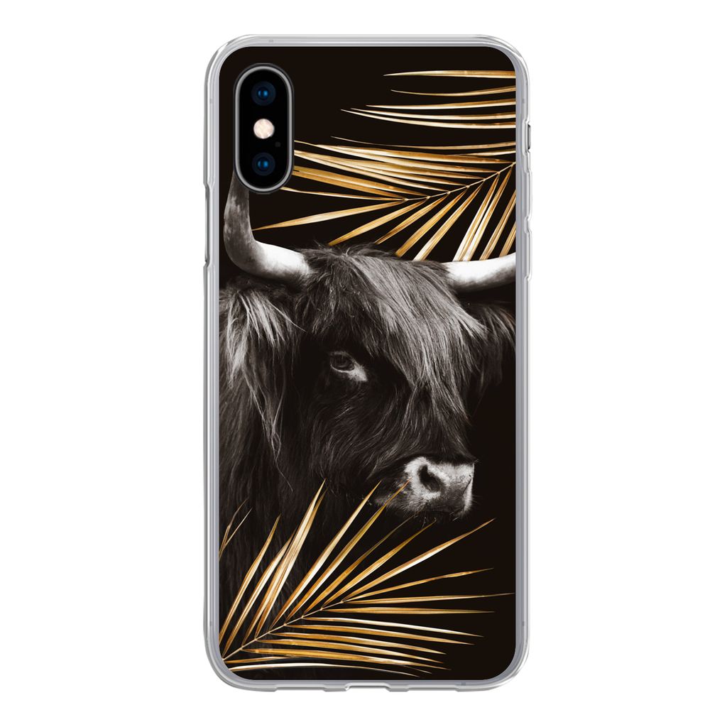 MuchoWow Handyhülle Schutzhülle Hülle für iPhone X Schottischer Highlander - Blätter - Gold Silikon Softcase Handy Hülle - Handyhülle