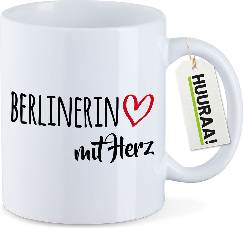 Huuraa Kaffeetasse Berlinerin mit Herz 330ml Weiß Keramik Kaffeebecher Geschenkidee