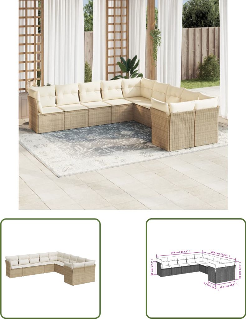 The Living Store 10-tlg. Garten-Sofagarnitur mit Kissen Beige Poly Rattan
