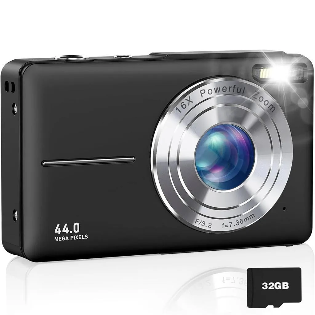 Fotocamera AIORBER 44MP: Compatta, Zoom 16X e SD 32GB inclusa - Nera
