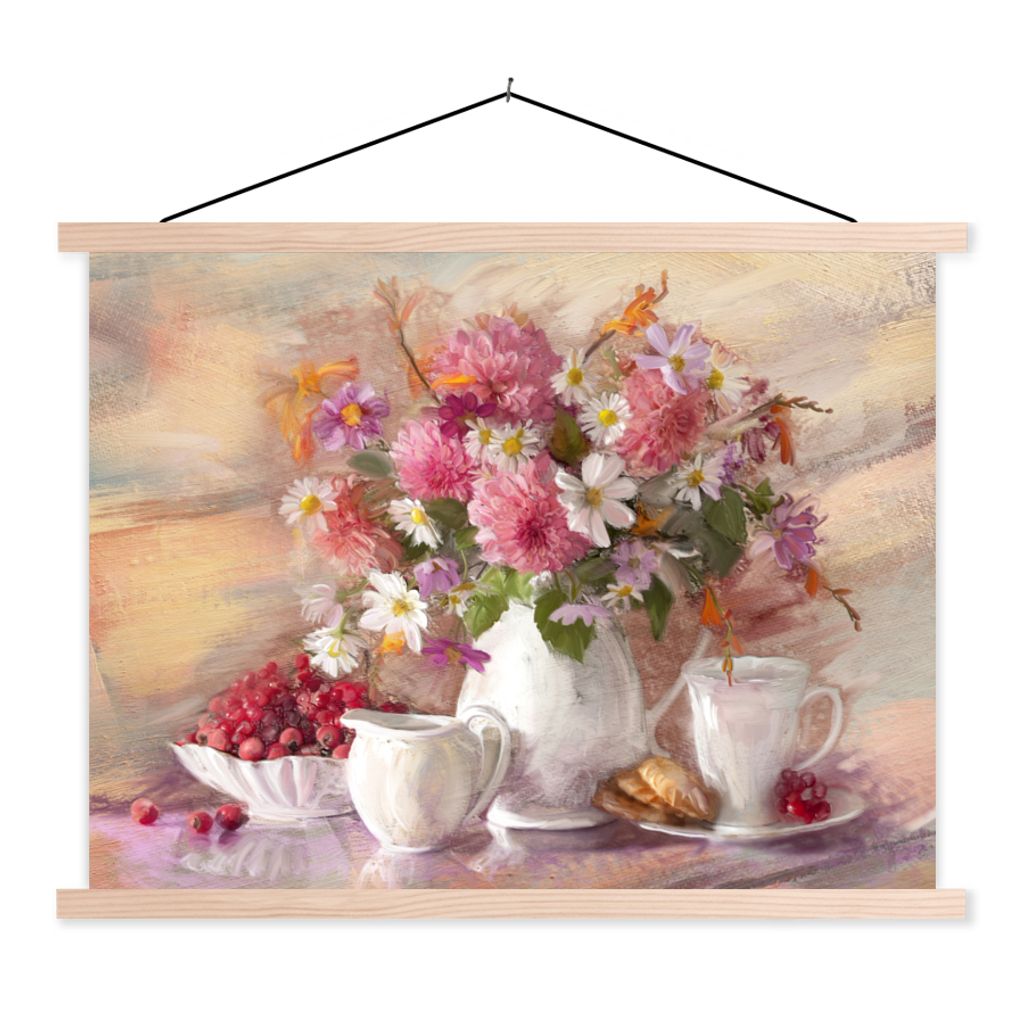 MuchoWow Textilposter Gemälde - Blumen - Vase - Ölfarbe 120x90 cm mit holzfarbenen Rahmen - Magnetisch