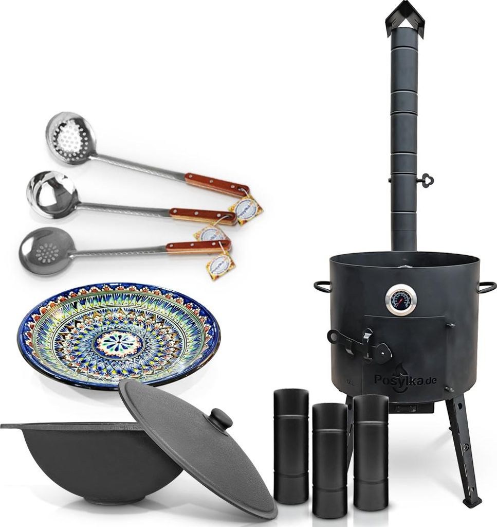 Feuerofen Ø 40 cm 2 mm mit Thermometer und Lagan Usbekische Kazan 12 L Verlängerungsrohr Schöpfkelle für Plov Schaumlöffel Utschak Uchag Lagan